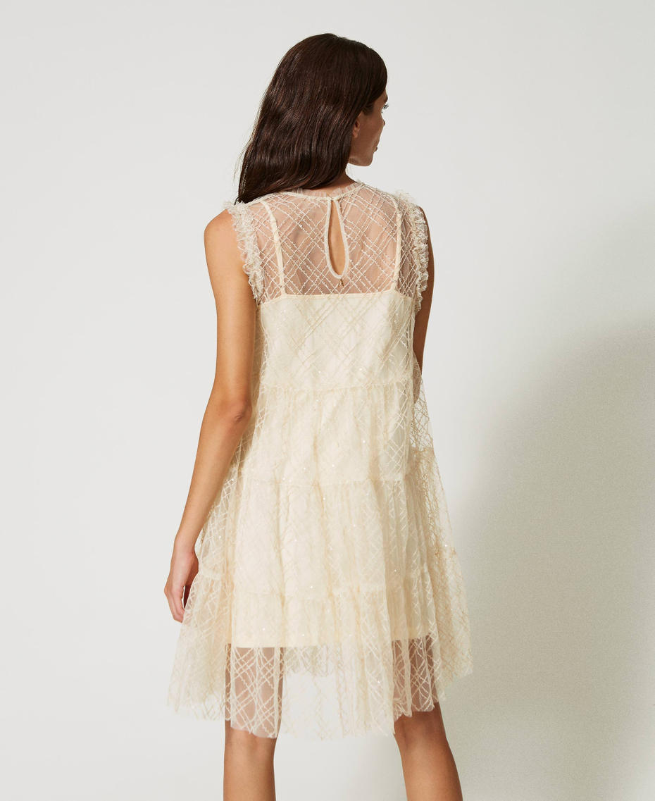 Flounced tulle dress with sequin embroidery Pale Cream Woman 231AP2135-04