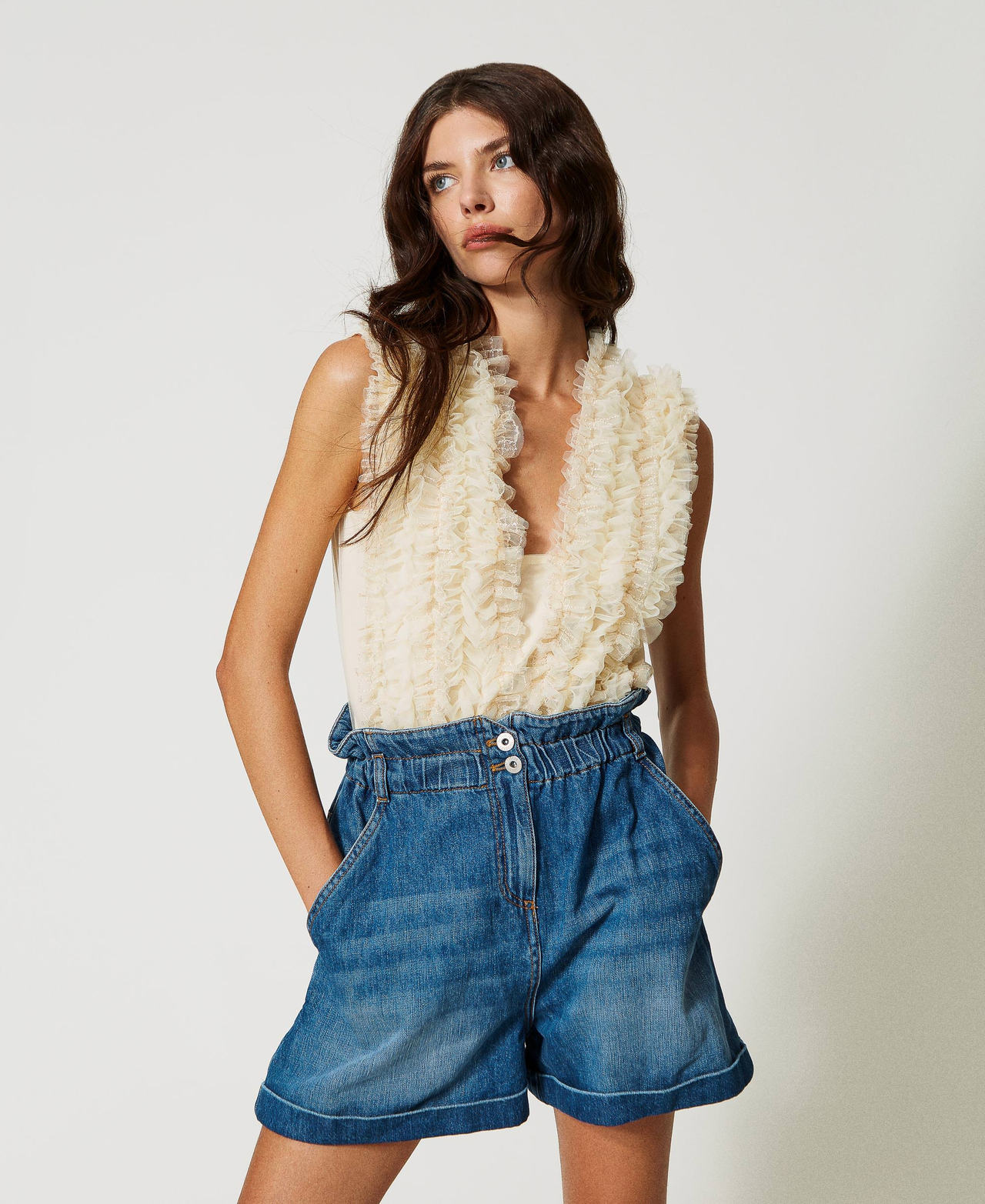 Bodysuit with tulle ruffle and sequin embroidery Pale Cream Woman 231AP2141_00522_02