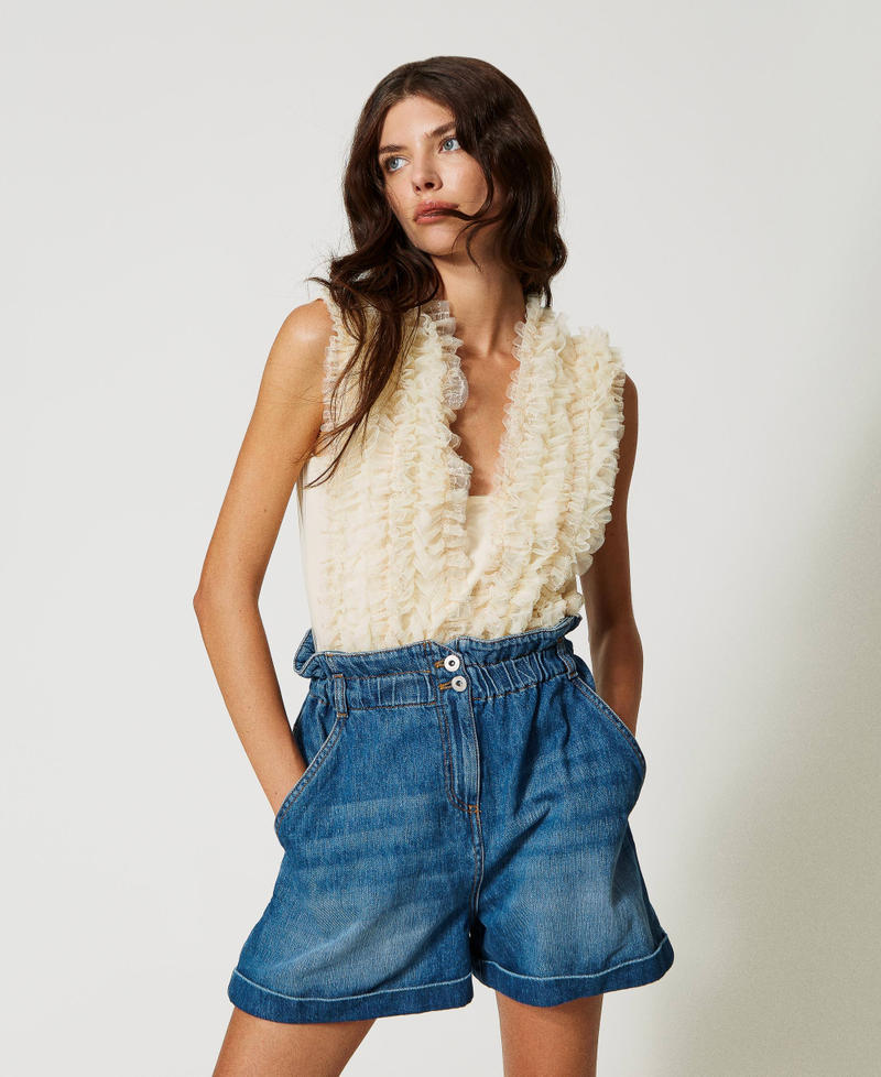 Bodysuit with tulle ruffle and sequin embroidery Pale Cream Woman 231AP2141_00522_02