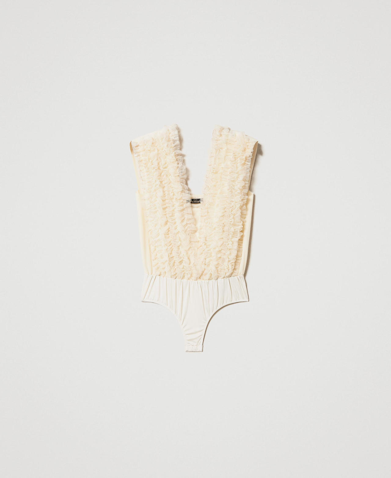 Bodysuit with tulle ruffle and sequin embroidery Pale Cream Woman 231AP2141_00522_0S