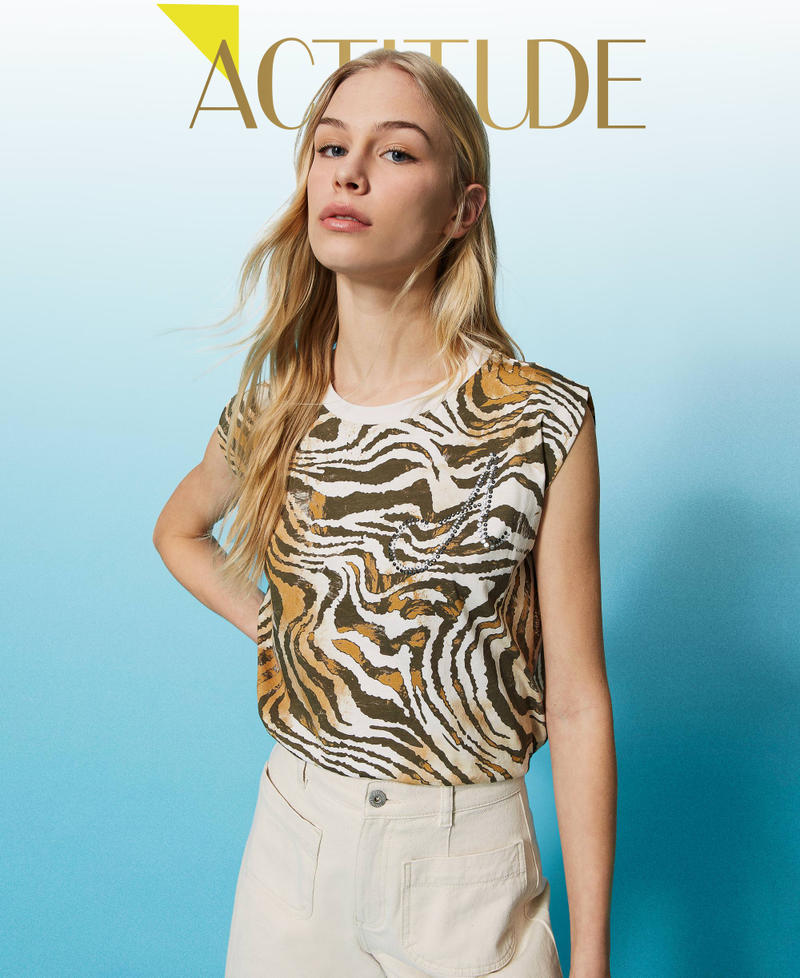 T-Shirt mit Animaldessin und Strass-Logo Print Shaded Zebra Frau 231AP2191-01