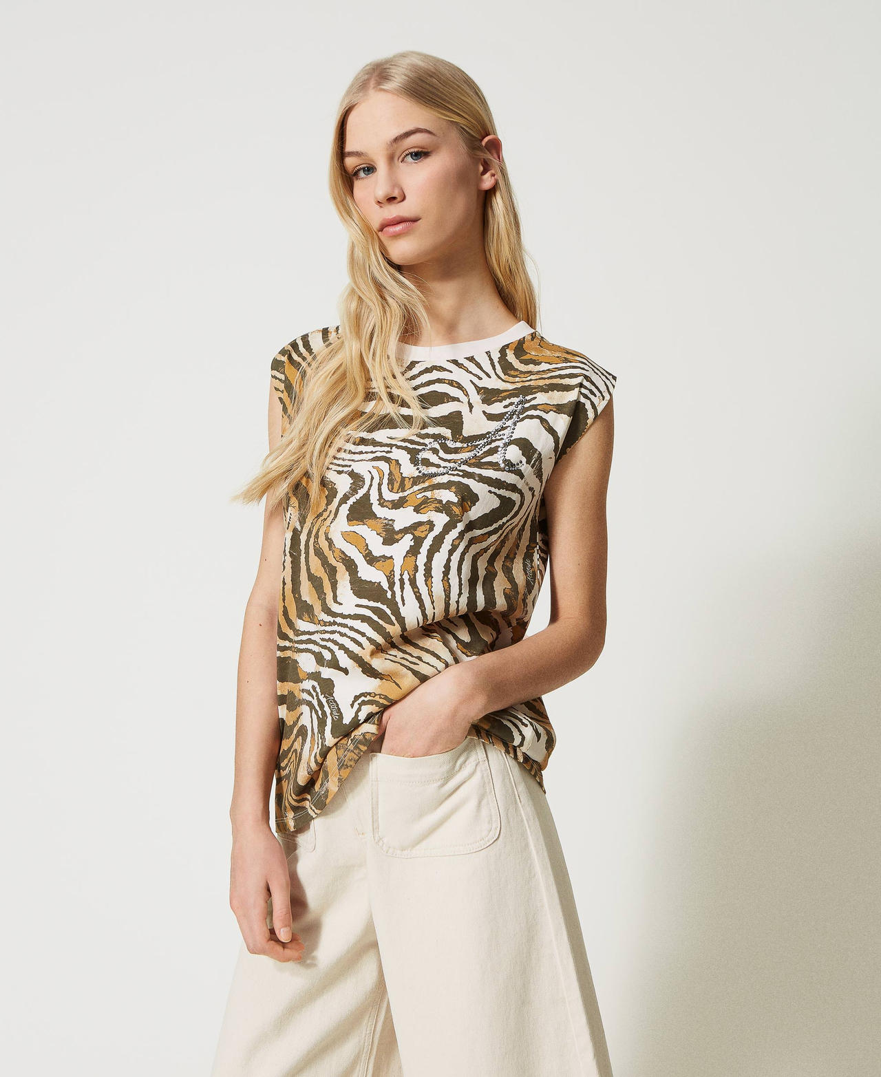 T-Shirt mit Animaldessin und Strass-Logo