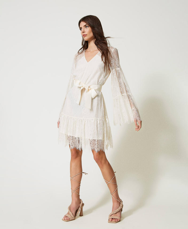 Chantilly lace dress with belt Pale Cream Woman 231AP2212-02