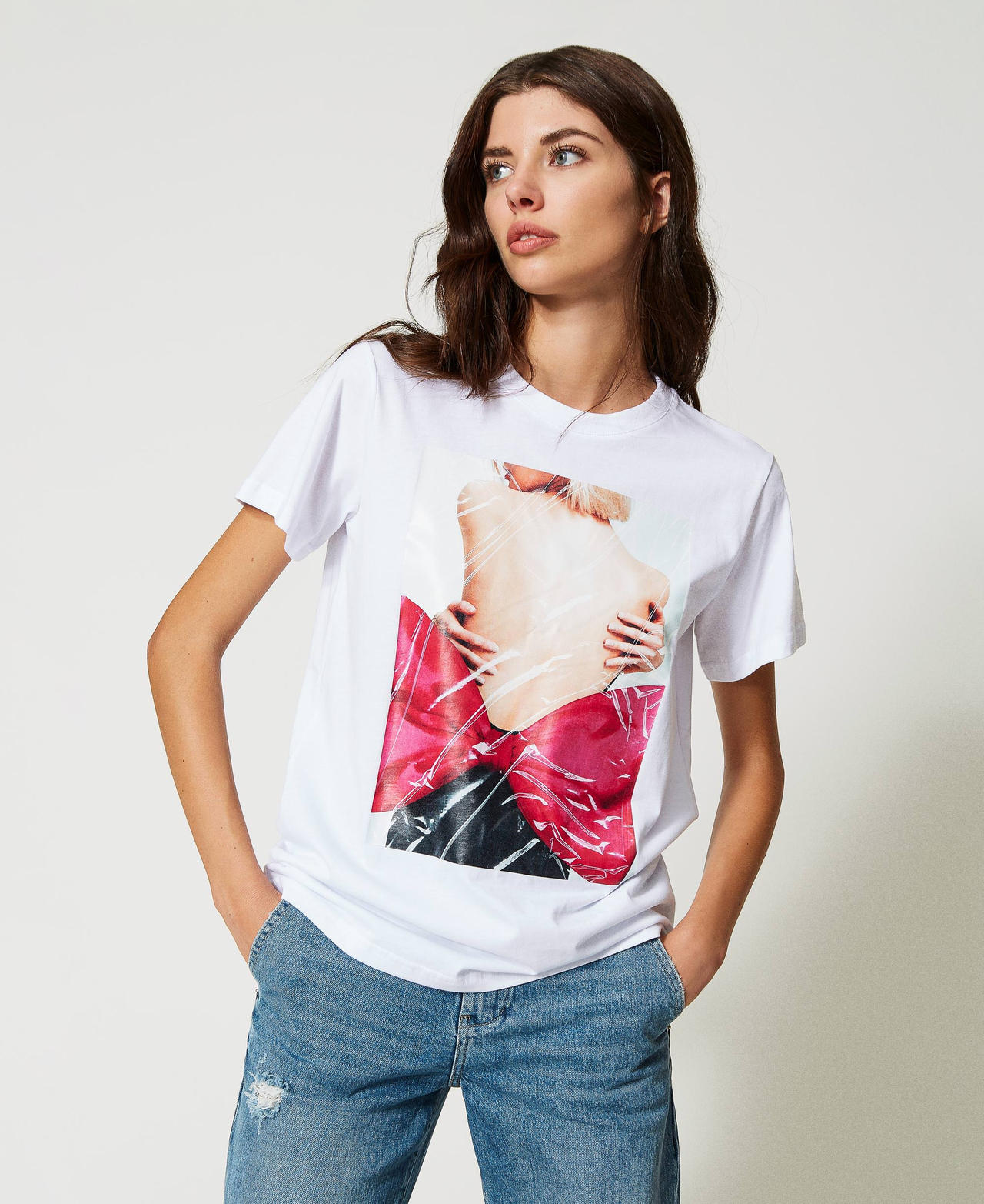 Regular t-shirt with shiny print "Papers" White Woman 231AP2221_00840_02