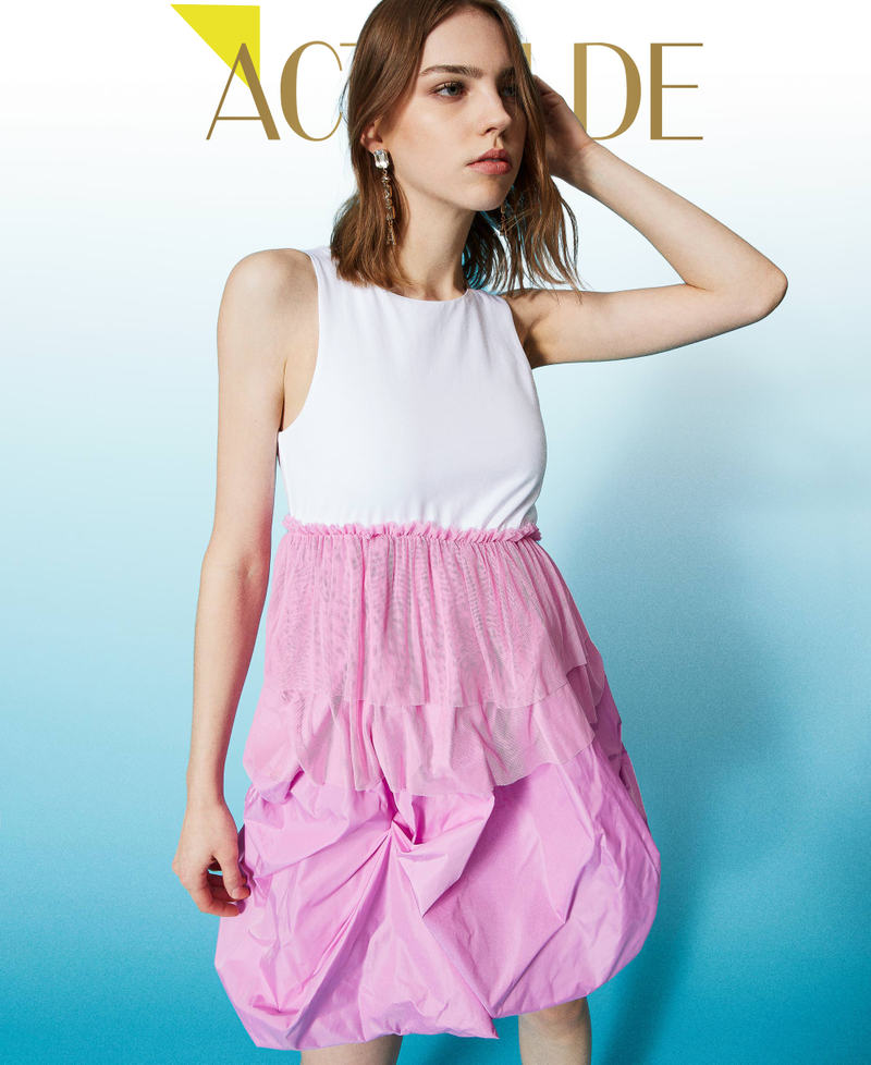 Taffeta and tulle skirt dress Two-tone “Papers” White / “Opera Mauve” Pink Woman 231AP2224-01