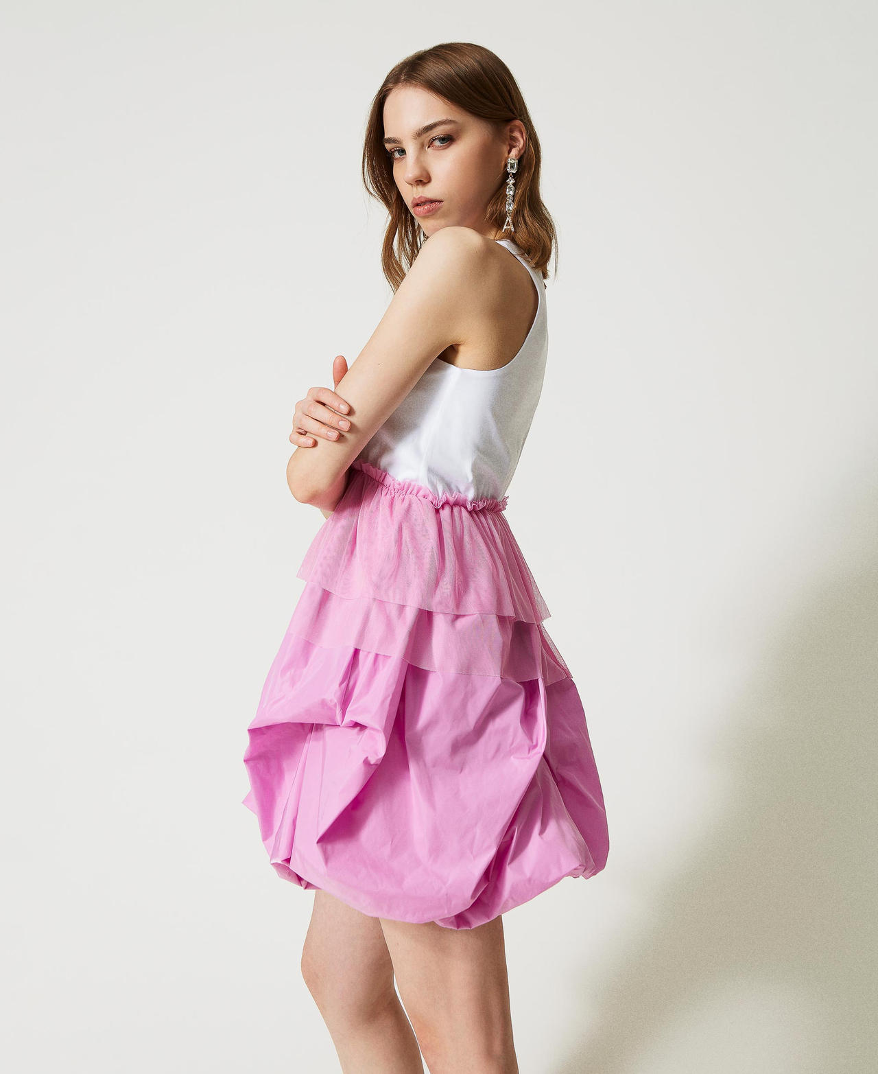 Taffeta and tulle skirt dress Two-tone “Papers” White / “Opera Mauve” Pink Woman 231AP2224-03