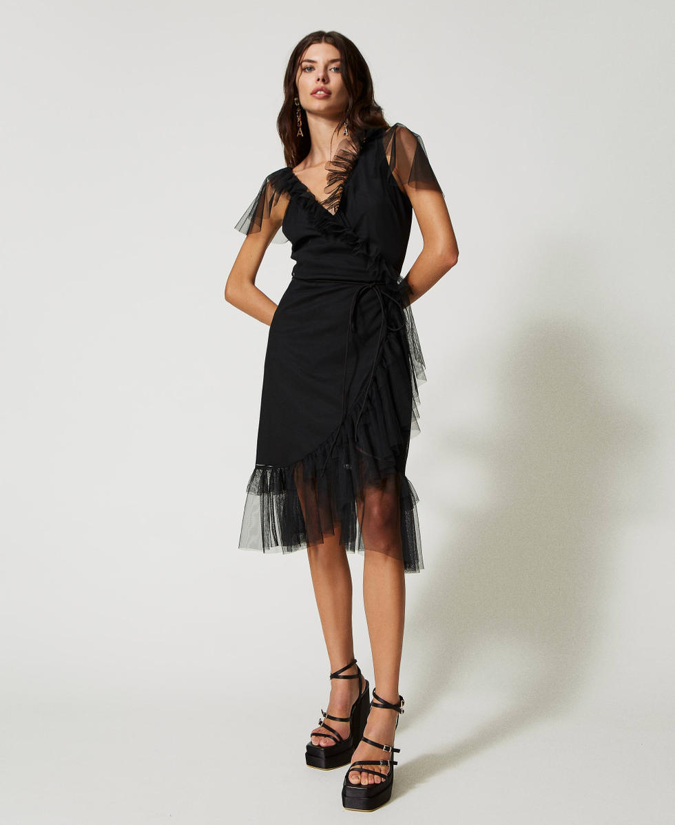 Wrap around dress with tulle flounces Woman Black TWINSET Milano