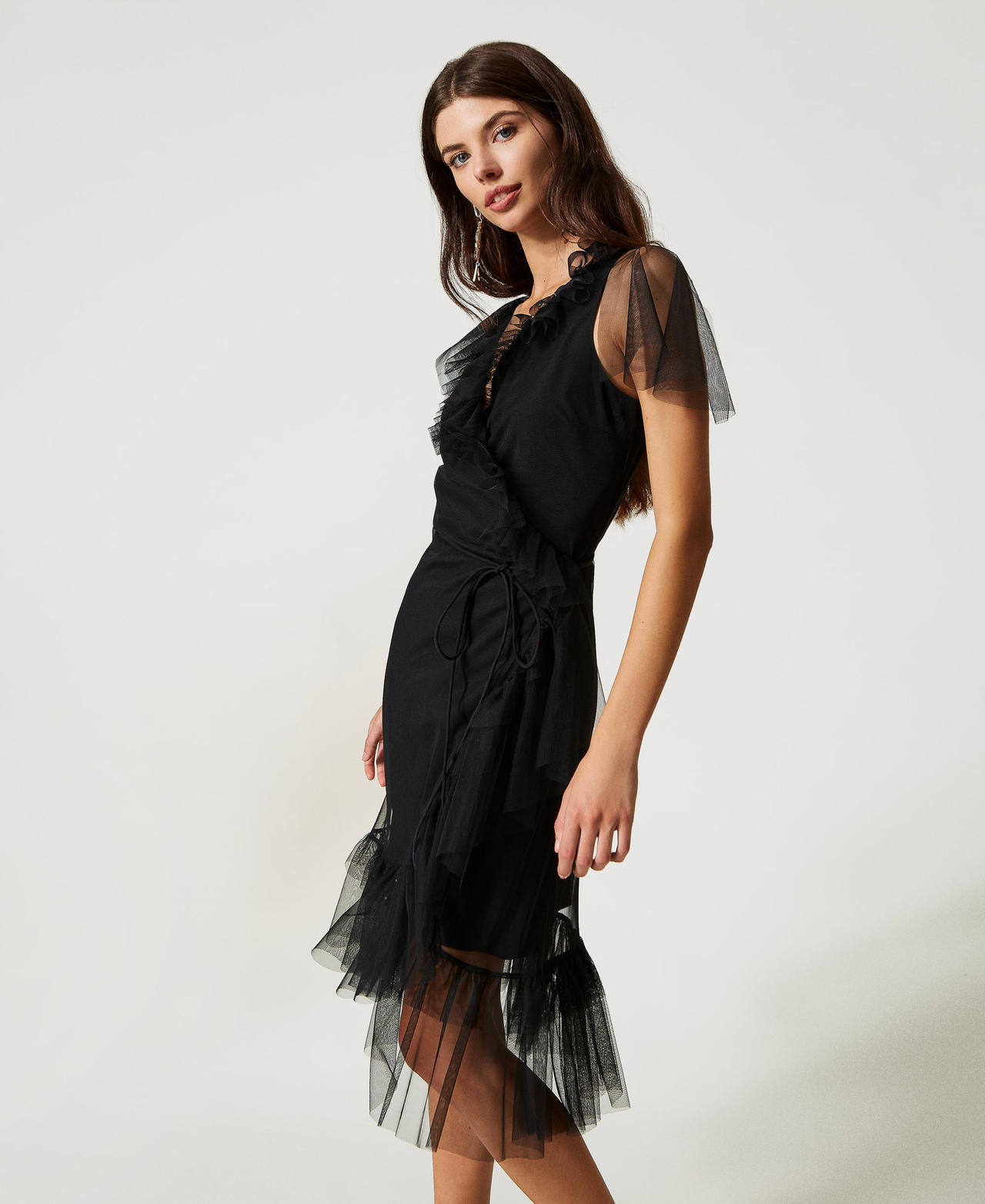 Wrap-around dress with tulle flounces