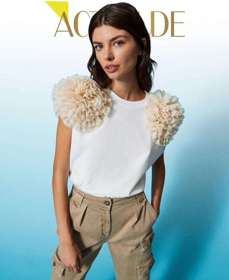 Maxi t-shirt with gathered tulle