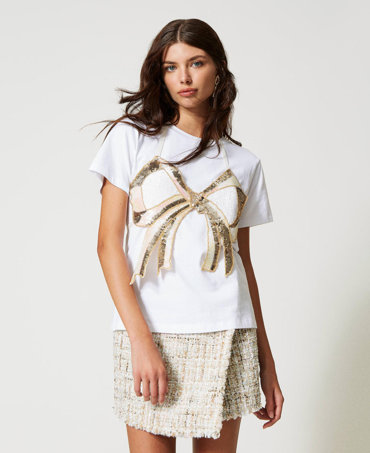 Regular t-shirt with removable bow "Papers" White Woman 231AP2301_00840_02