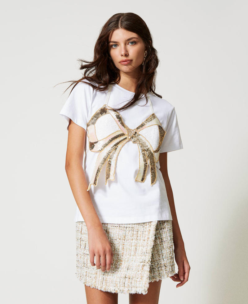 Regular t-shirt with removable bow "Papers" White Woman 231AP2301_00840_02