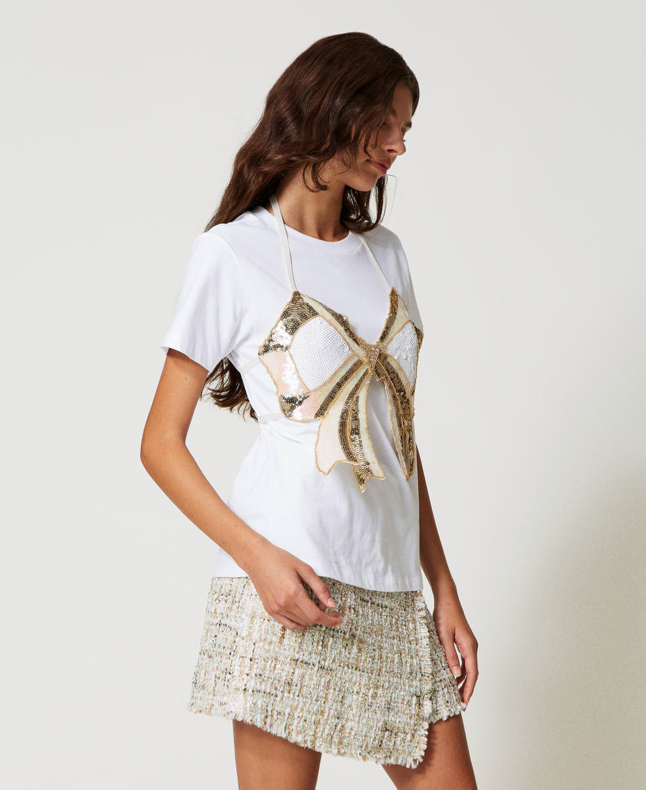Regular t-shirt with removable bow "Papers" White Woman 231AP2301_00840_04