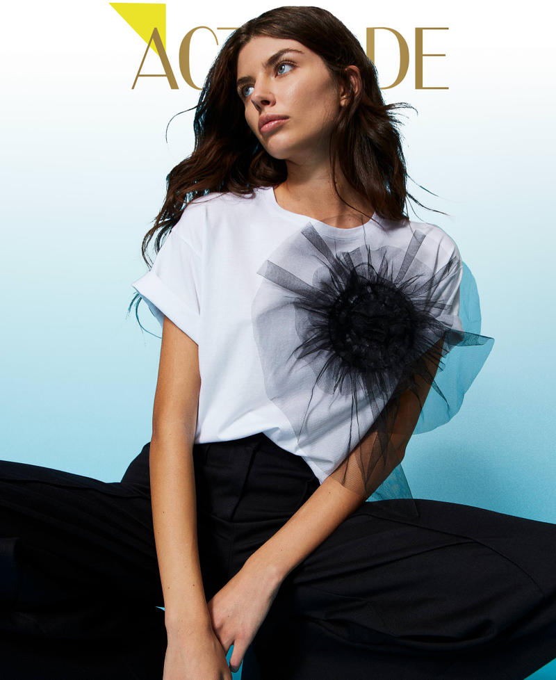T-shirt avec fleur en tulle Bicolore Blanc Papyrus / Noir Femme 231AP2330-01
