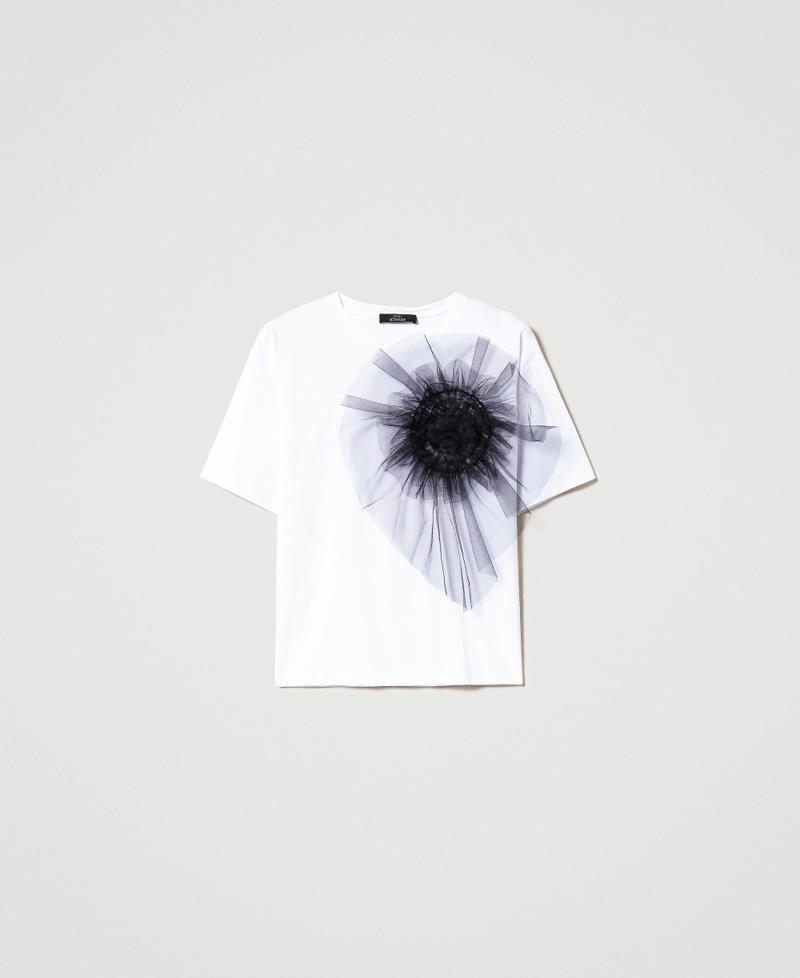 T-shirt avec fleur en tulle Bicolore Blanc Papyrus / Noir Femme 231AP2330-0S