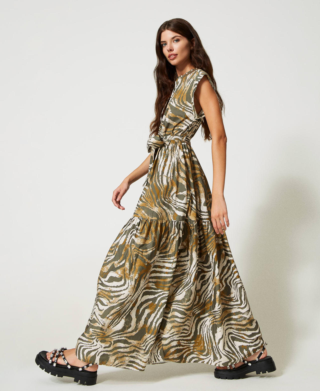 Длинное платье из поплина с животным принтом Принт Растушеванный Зебра женщина 231AP2350-03