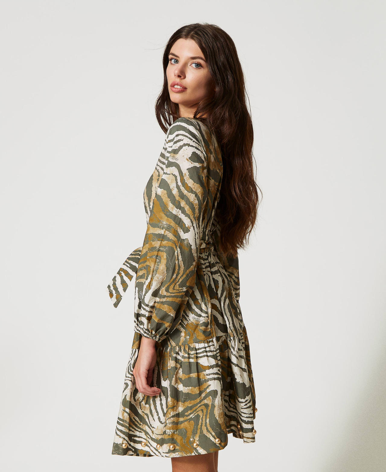 Kurzes Kleid aus Popeline mit Animaldessin Print Shaded Zebra Frau 231AP2351-03