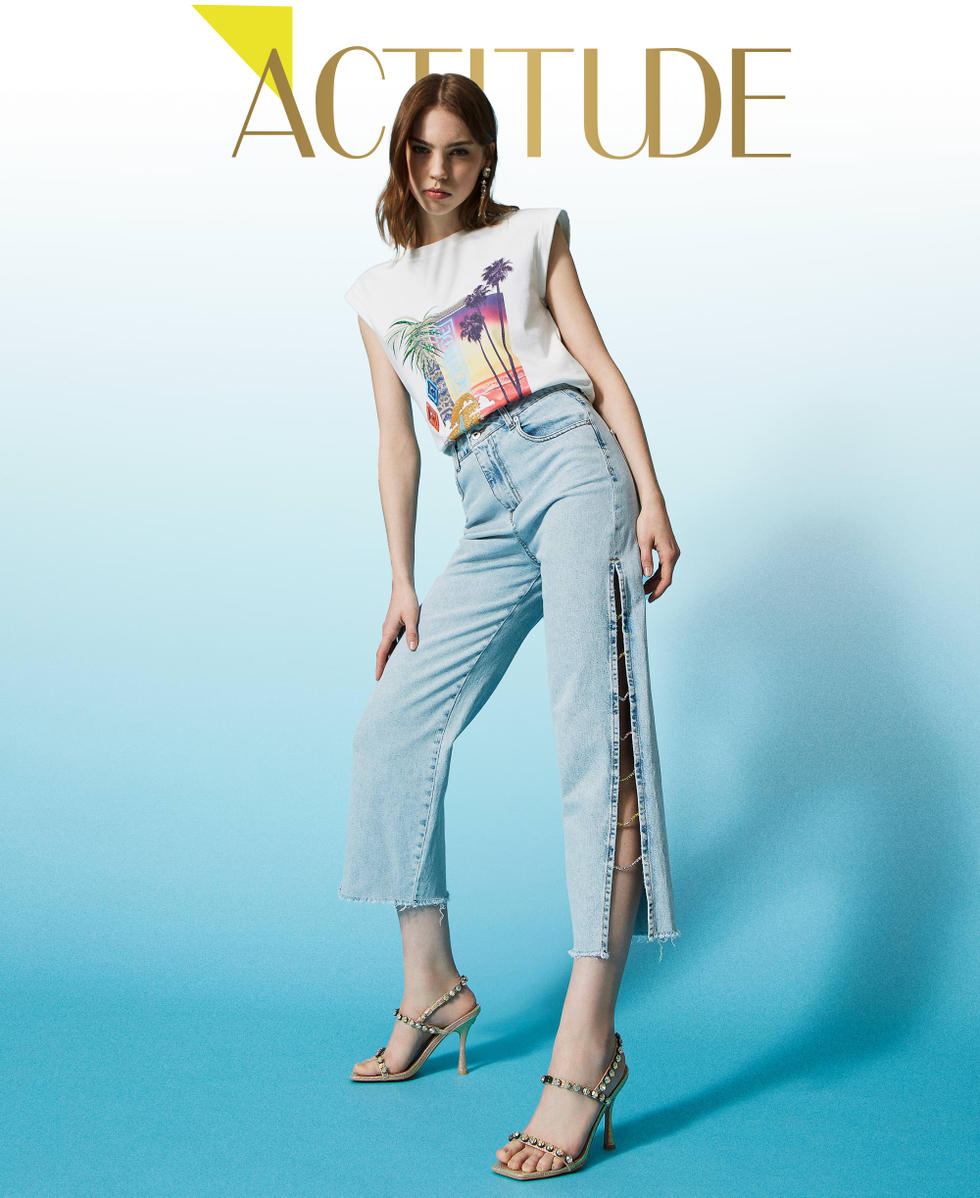 Jeans mom fit con strass Donna Azzurro TWINSET Milano