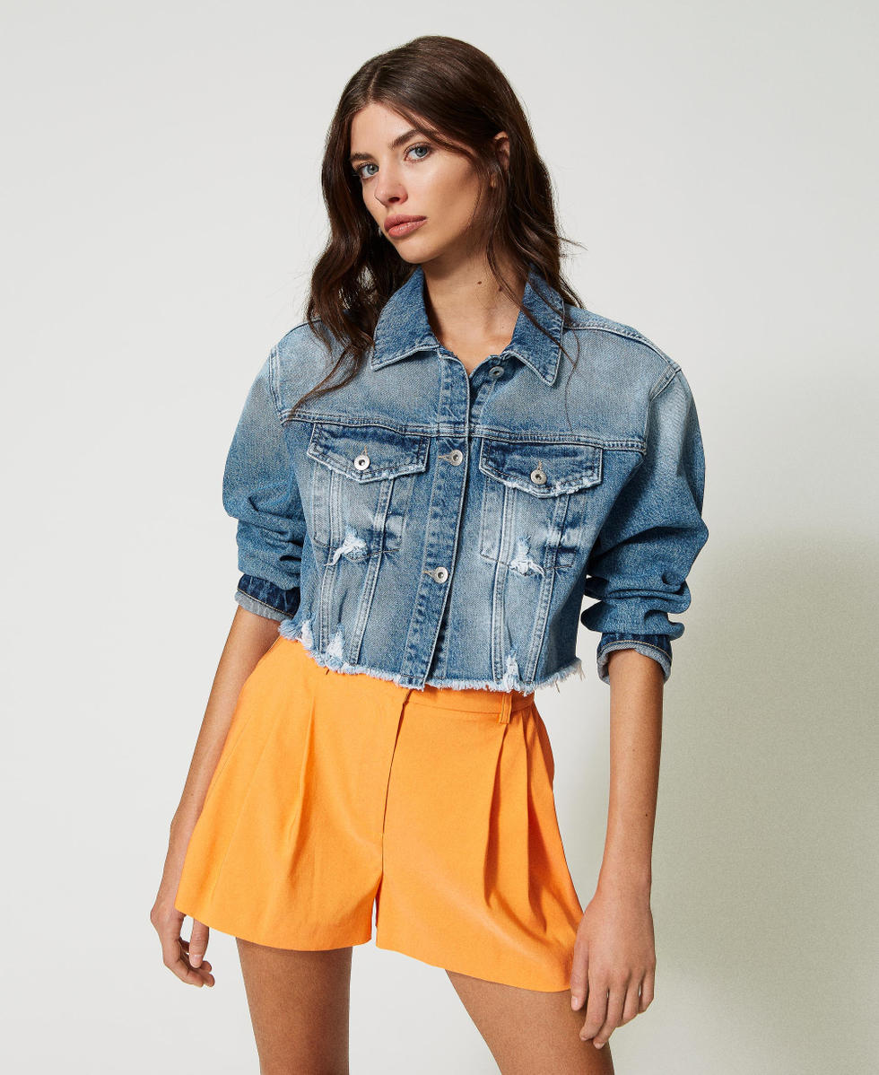 Cropped denim jacket with rips Woman, Blue | TWINSET Milano