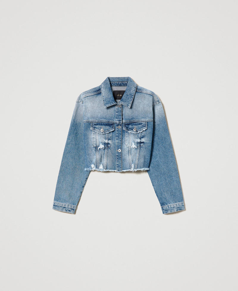 Cropped denim jacket with rips Woman, Blue | TWINSET Milano