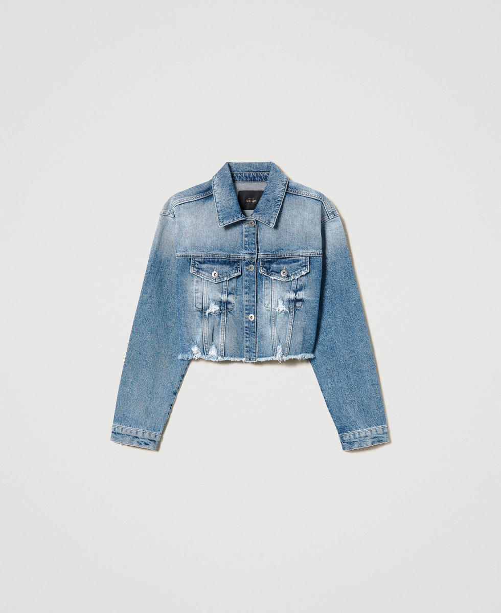 Cropped denim jacket with rips