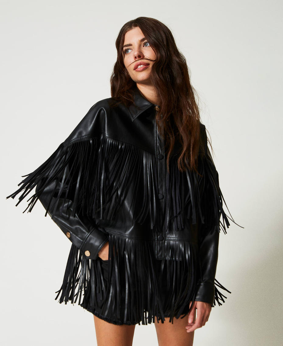 Leather-like jacket with fringes Black Woman 231AP2460_00006_03