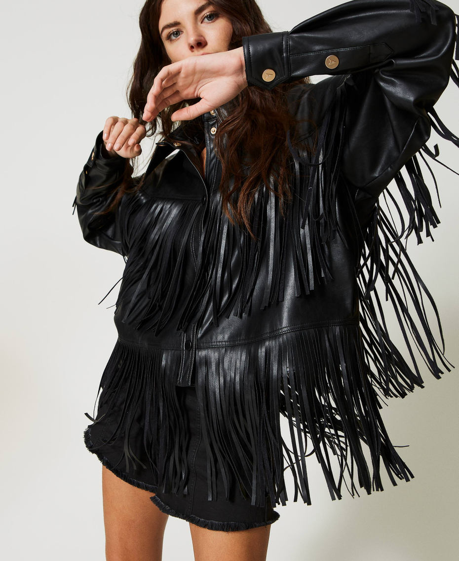 Leather-like jacket with fringes Black Woman 231AP2460-04
