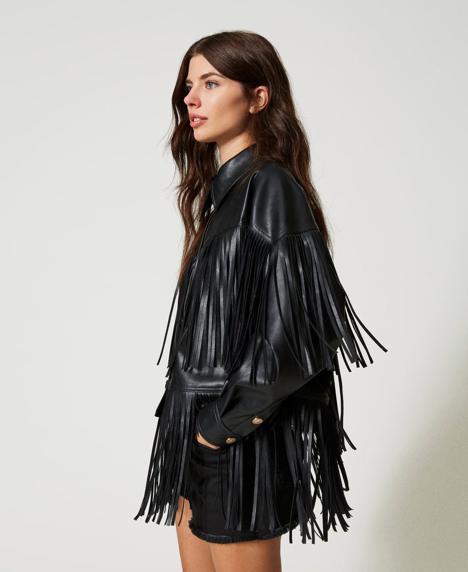Leather-like jacket with fringes Black Woman 231AP2460_00006_05