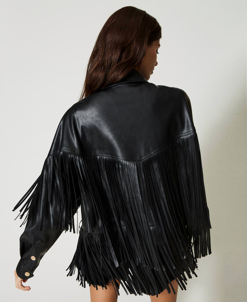 Leather-like jacket with fringes Black Woman 231AP2460_00006_06