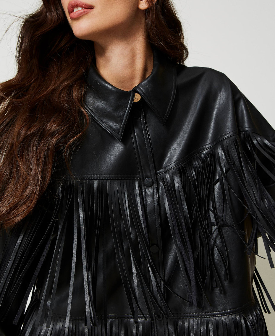 Leather-like jacket with fringes Black Woman 231AP2460-07