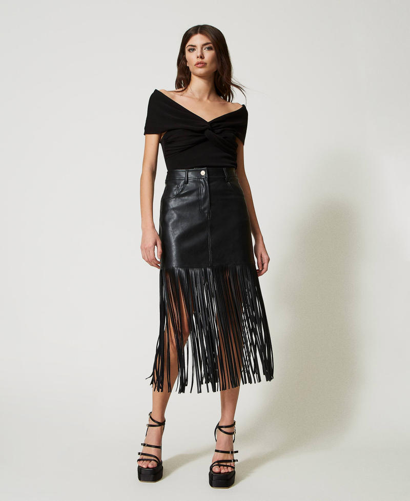 Mini-jupe effet cuir avec franges Noir Femme 231AP2461-02