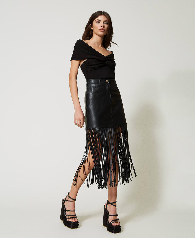 Mini-jupe effet cuir avec franges Noir Femme 231AP2461-03