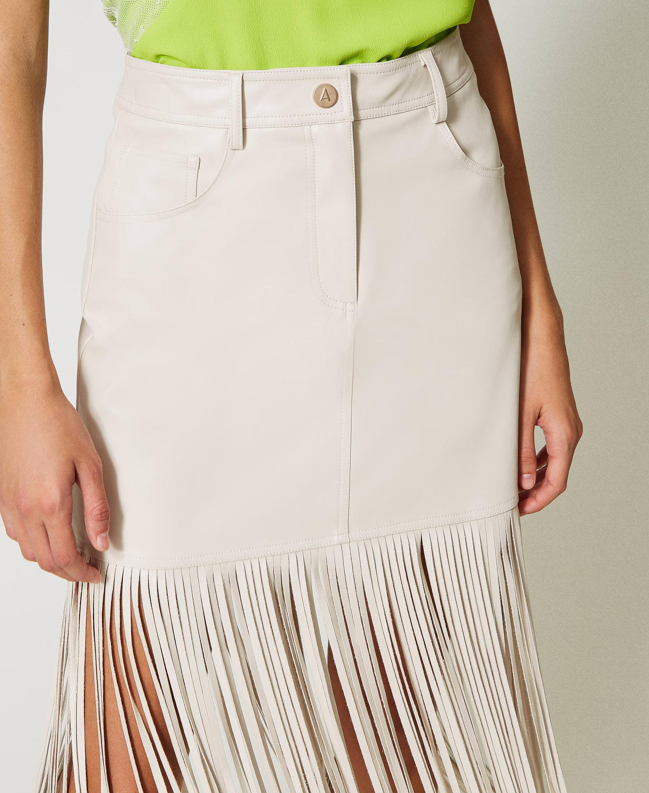 White denim skirt with fringe on sale