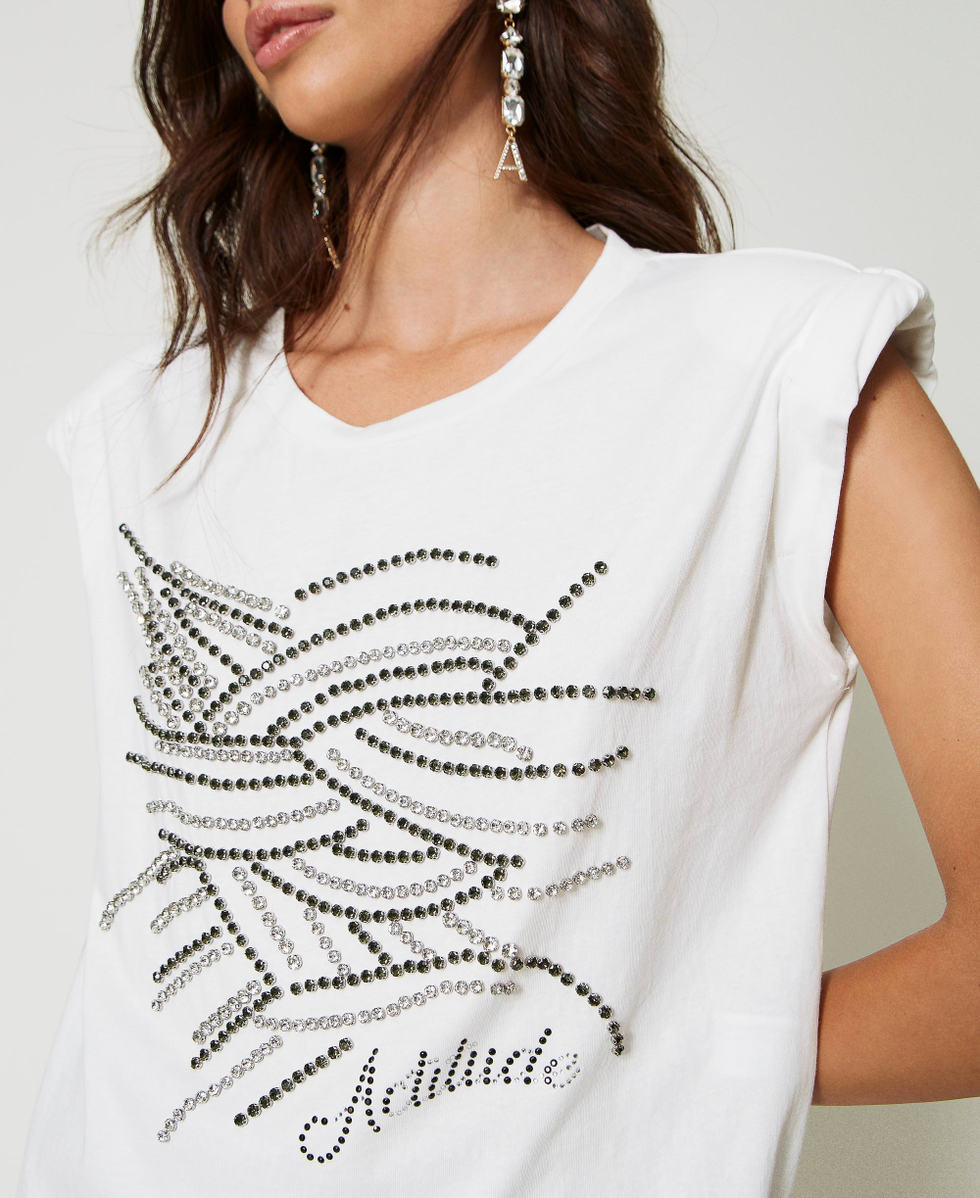 T-shirt con strass e logo Donna, Bianco