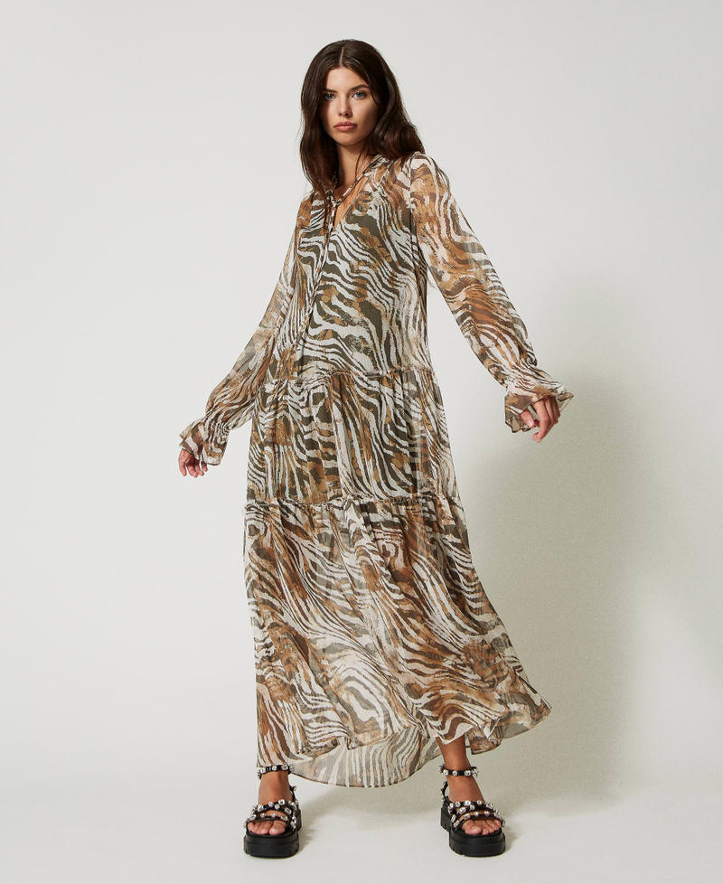 Длинное платье из креп-шифона с животным принтом и вышивкой Принт Растушеванный Зебра женщина 231AP2530-02