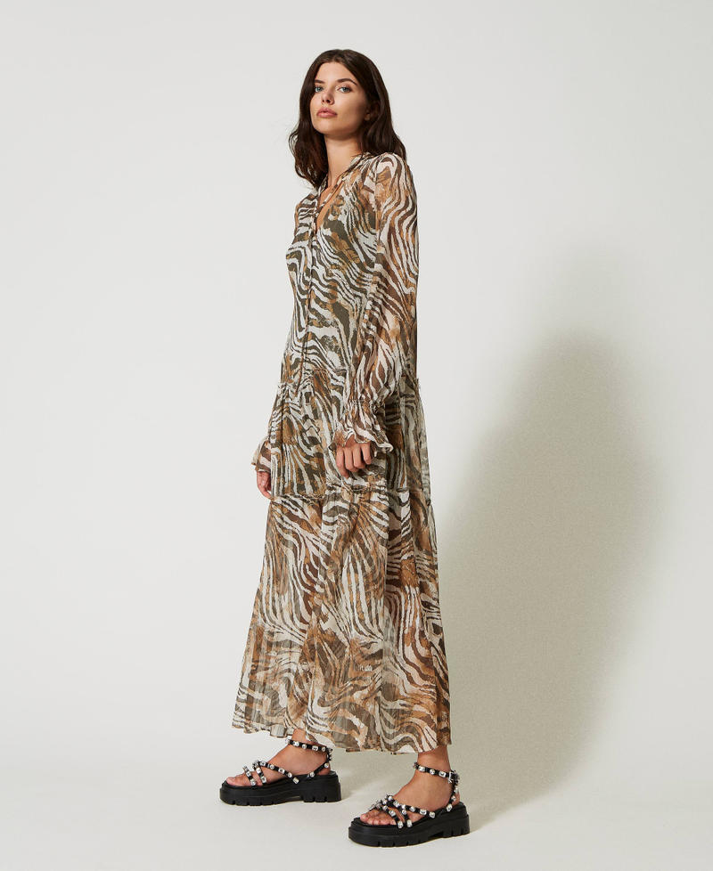 Long animal print creponne dress with embroidery Shaded Zebra Print Woman 231AP2530-03