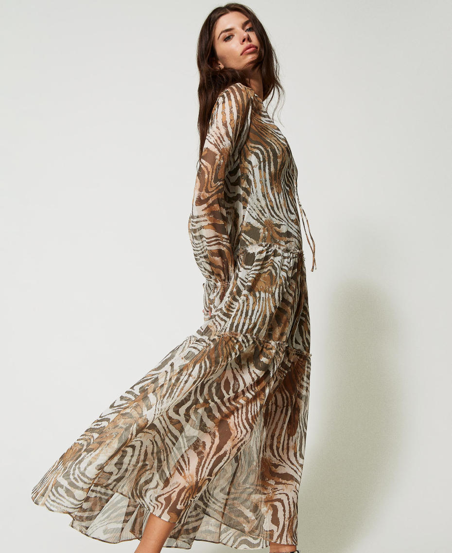 Длинное платье из креп-шифона с животным принтом и вышивкой Принт Растушеванный Зебра женщина 231AP2530-04