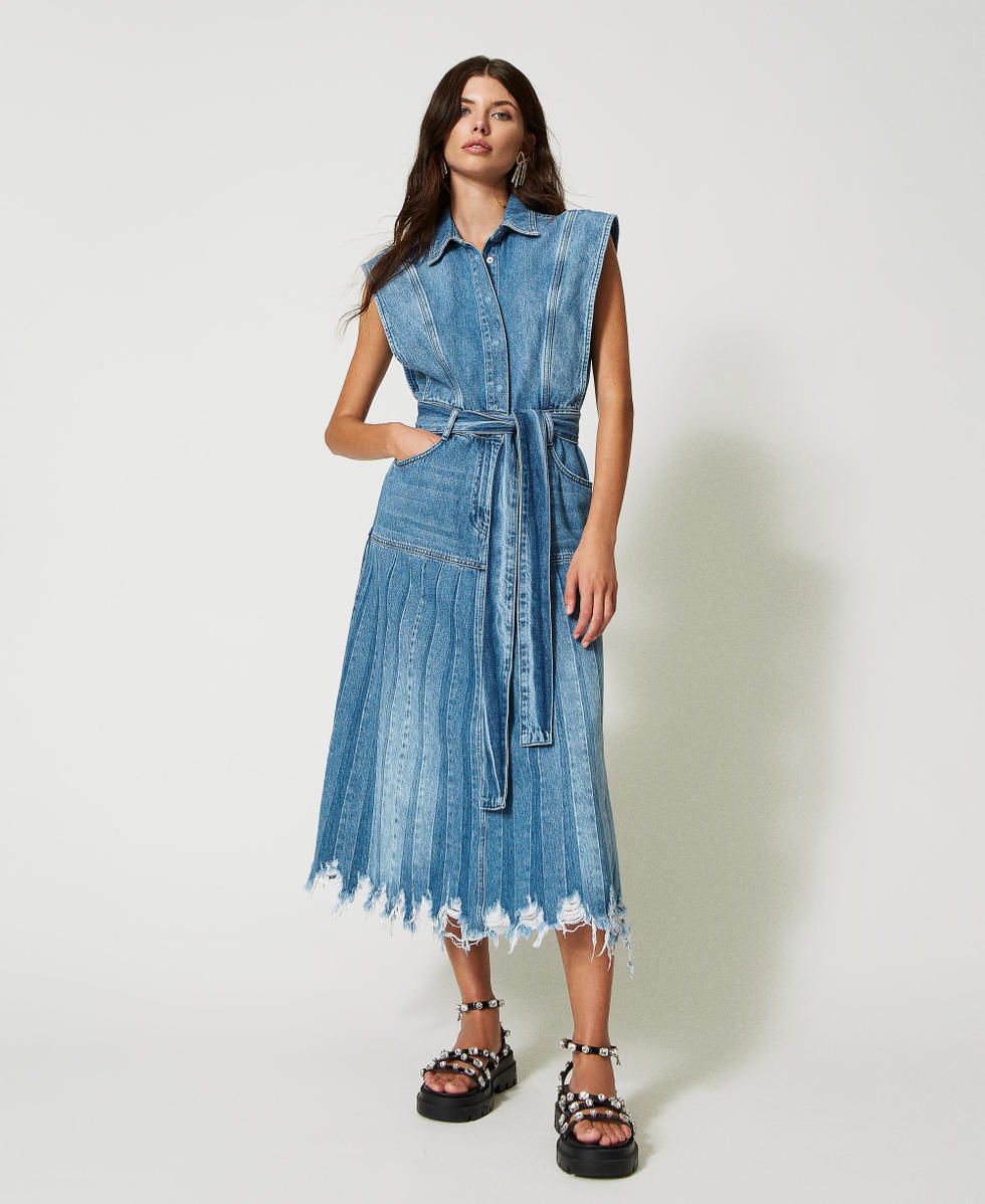 Midi pleated denim dress