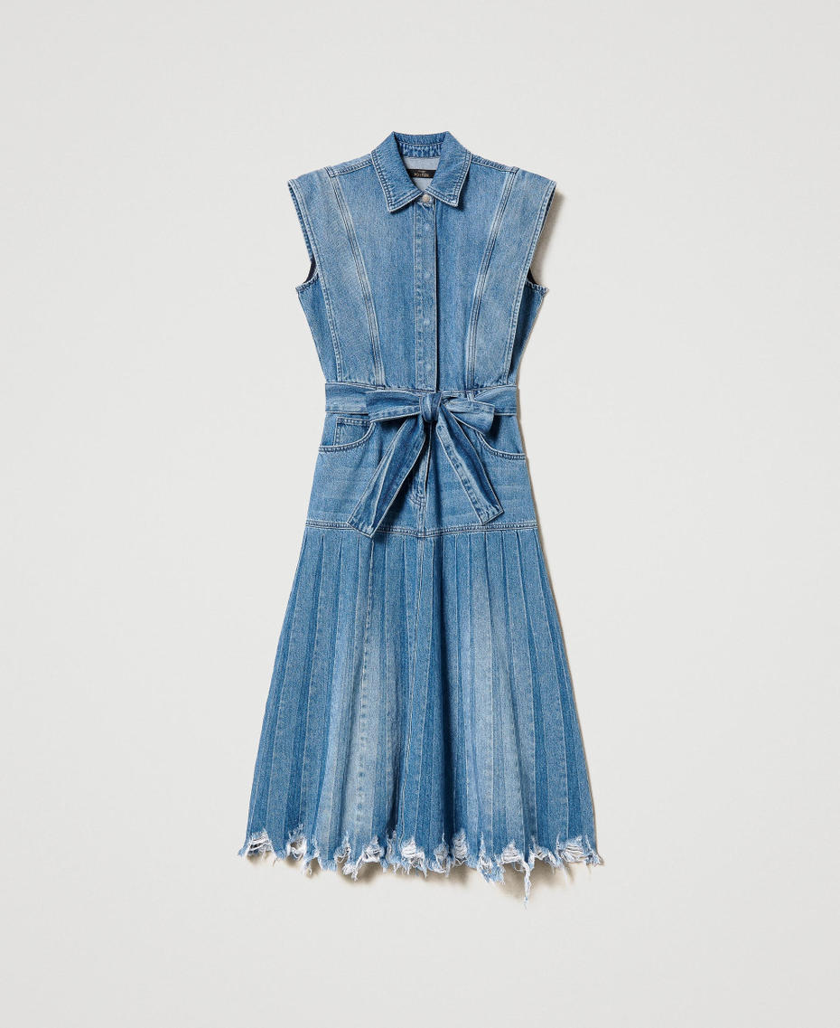 Robe mi-longue en jean avec plissé Bleu "Denim Moyen" Femme 231AP2560-0S