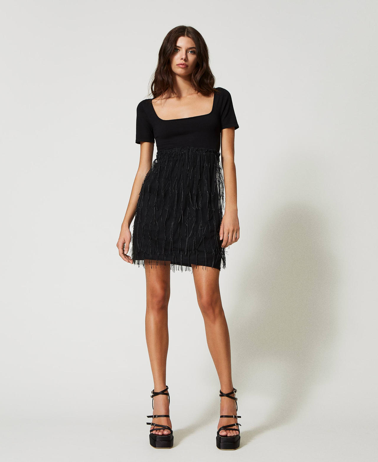 Knit dress with tulle fringes Black Woman 231AP3130-02