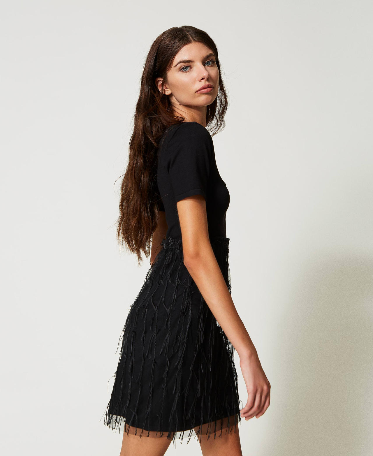 Knit dress with tulle fringes Black Woman 231AP3130-03