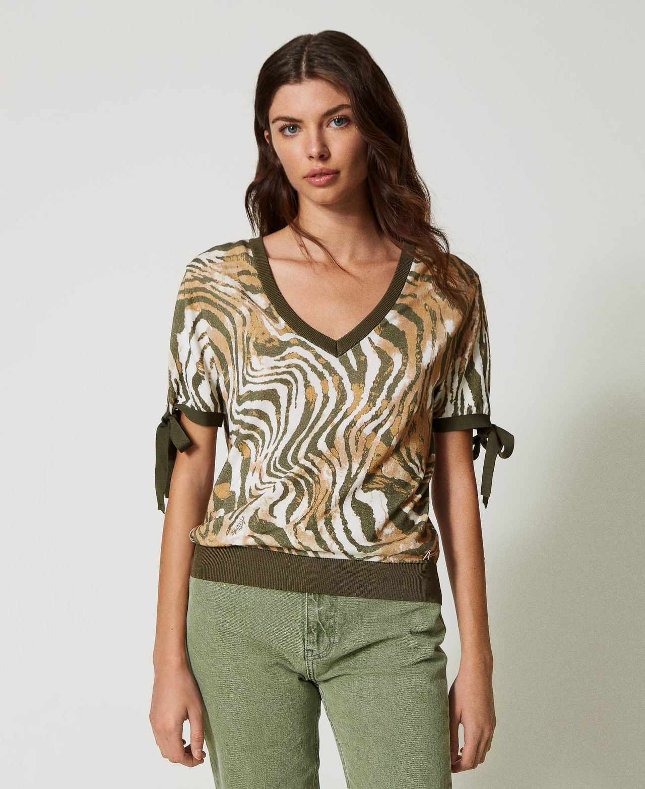 Pull-cardigan animalier avec nœuds