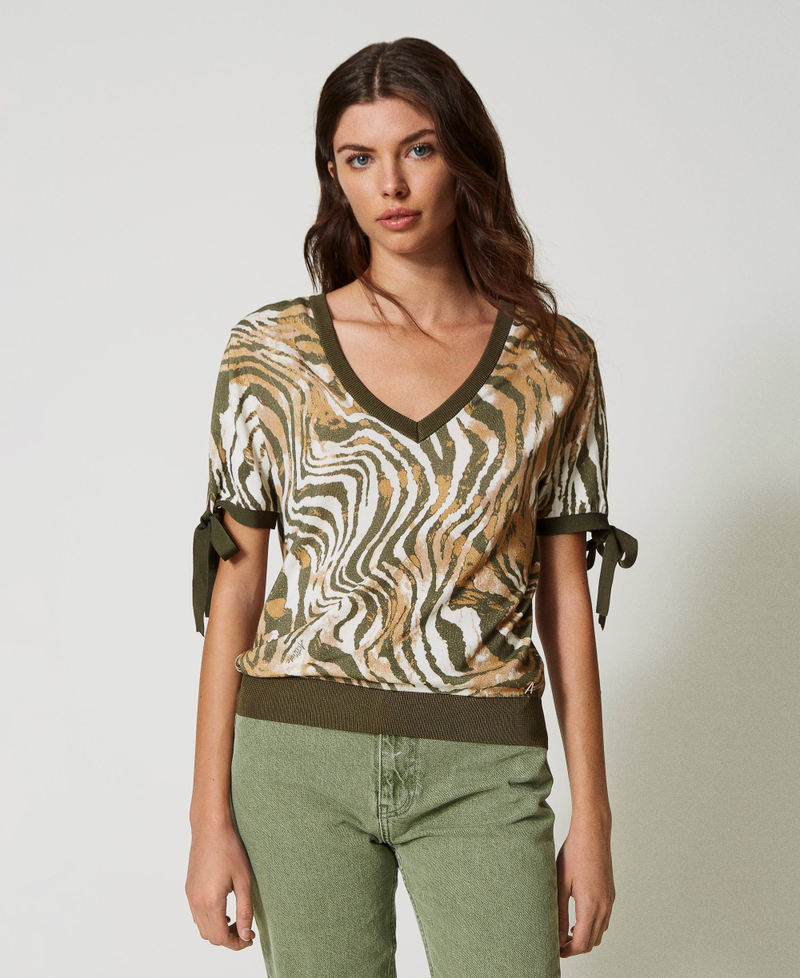 Pull-cardigan animalier avec nœuds