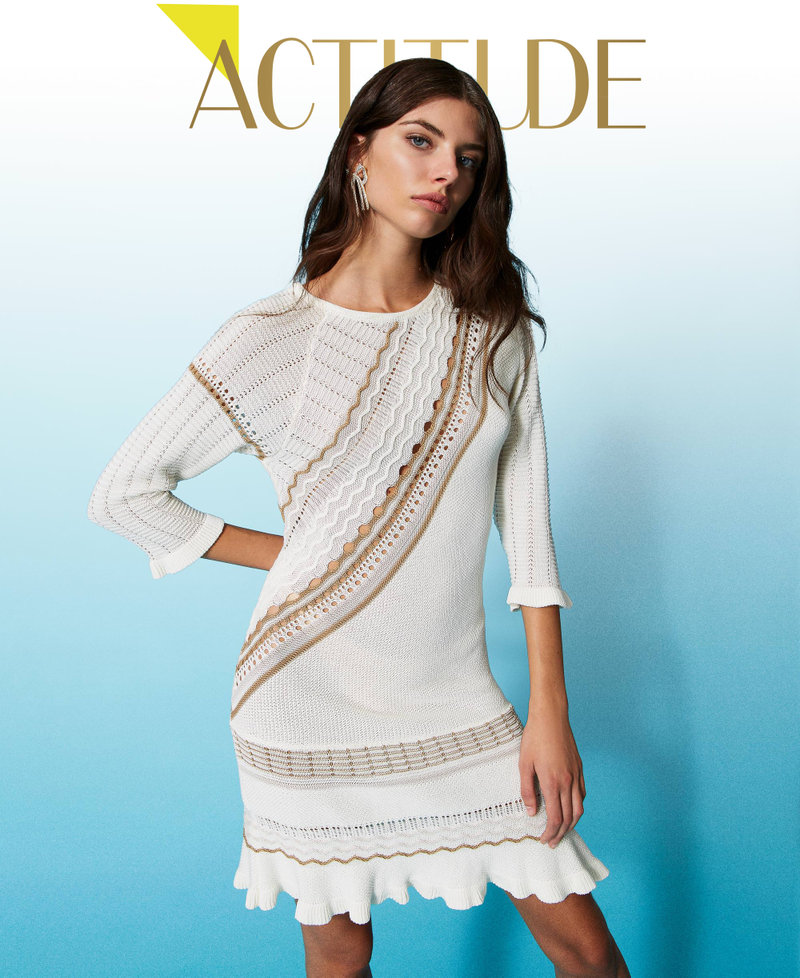 Knit asymmetric dress Multicolour Mother of Pearl / “Pumice” White / “Kelp” Brown Woman 231AP3260-01