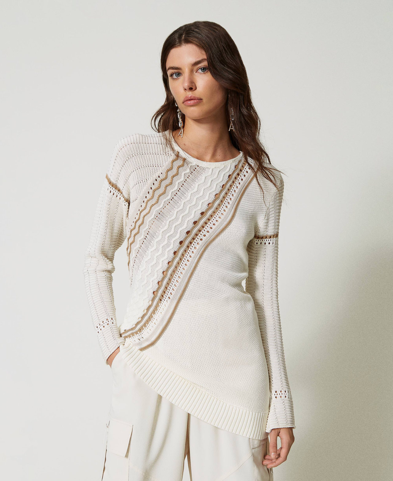 Asymmetric jumper with mixed stitch work Multicolour Mother of Pearl / “Pumice” White / “Kelp” Brown Woman 231AP3262-02