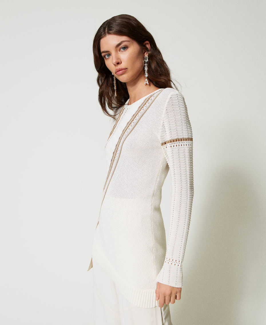 Asymmetric jumper with mixed stitch work Multicolour Mother of Pearl / “Pumice” White / “Kelp” Brown Woman 231AP3262_10534_03