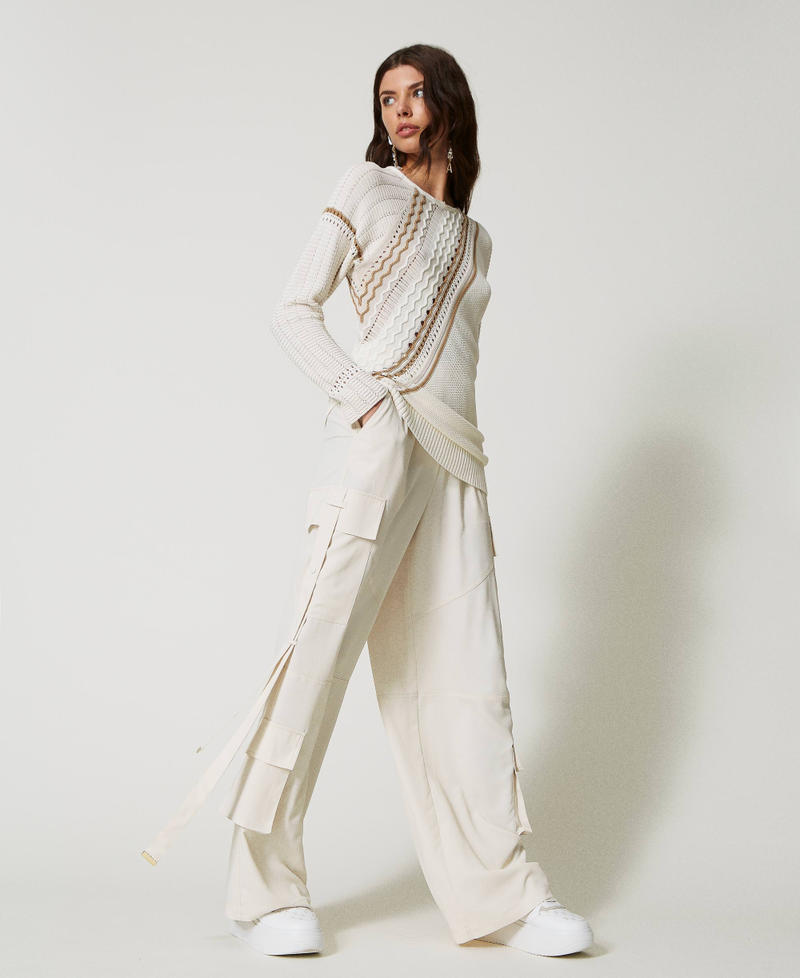 Asymmetric jumper with mixed stitch work Multicolour Mother of Pearl / “Pumice” White / “Kelp” Brown Woman 231AP3262_10534_04