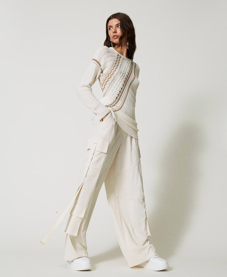 Asymmetric jumper with mixed stitch work Multicolour Mother of Pearl / “Pumice” White / “Kelp” Brown Woman 231AP3262_10534_04