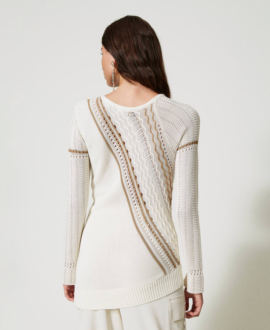 Asymmetric jumper with mixed stitch work Multicolour Mother of Pearl / “Pumice” White / “Kelp” Brown Woman 231AP3262-05