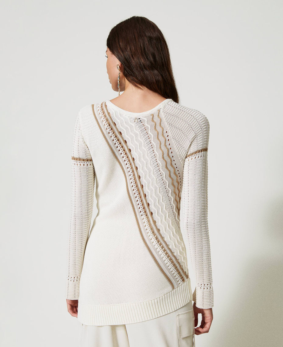 Asymmetric jumper with mixed stitch work Multicolour Mother of Pearl / “Pumice” White / “Kelp” Brown Woman 231AP3262_10534_05