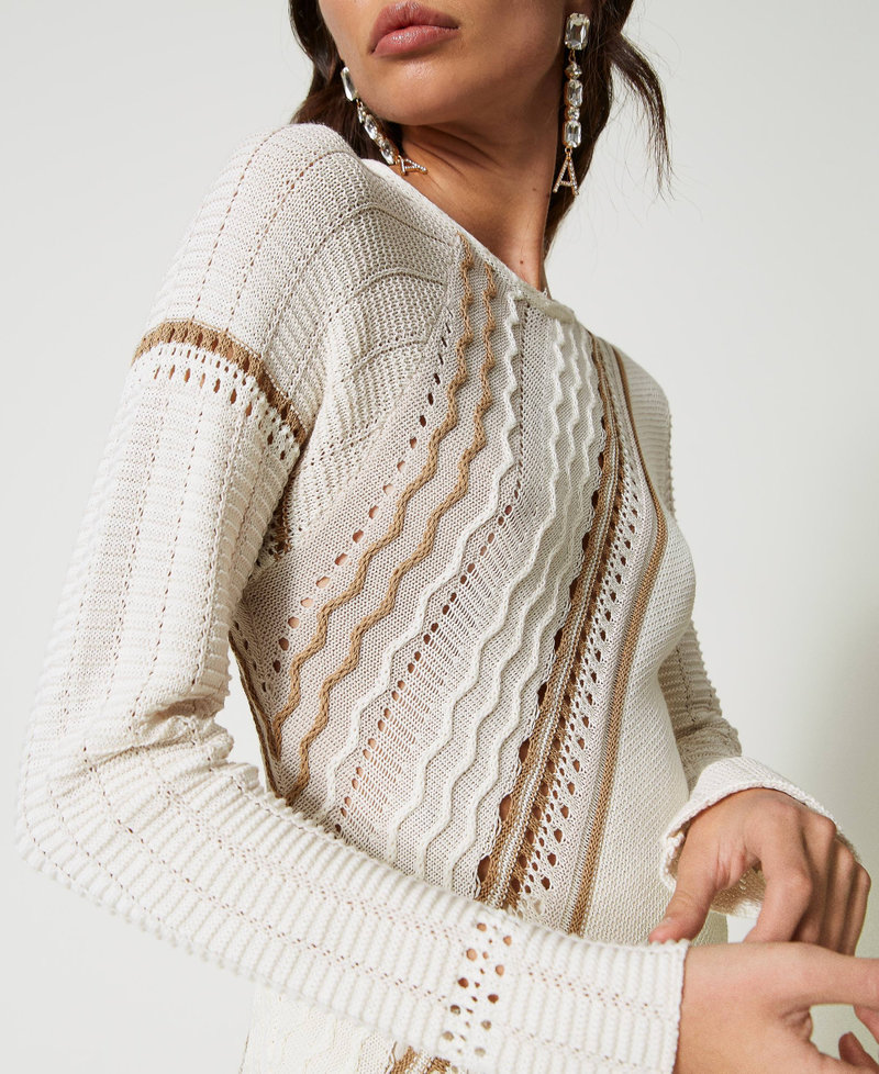 Asymmetric jumper with mixed stitch work Multicolour Mother of Pearl / “Pumice” White / “Kelp” Brown Woman 231AP3262-06